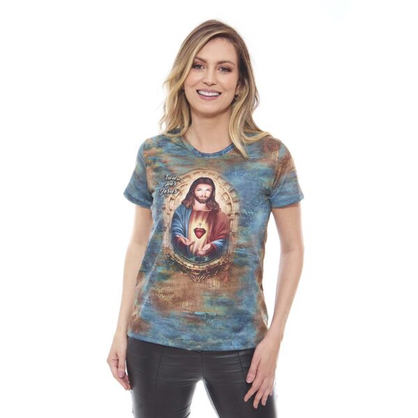 Camiseta Femenina Tipo T-Shirt Sagrado Corazón de Jesús e Inmaculado Corazón de María