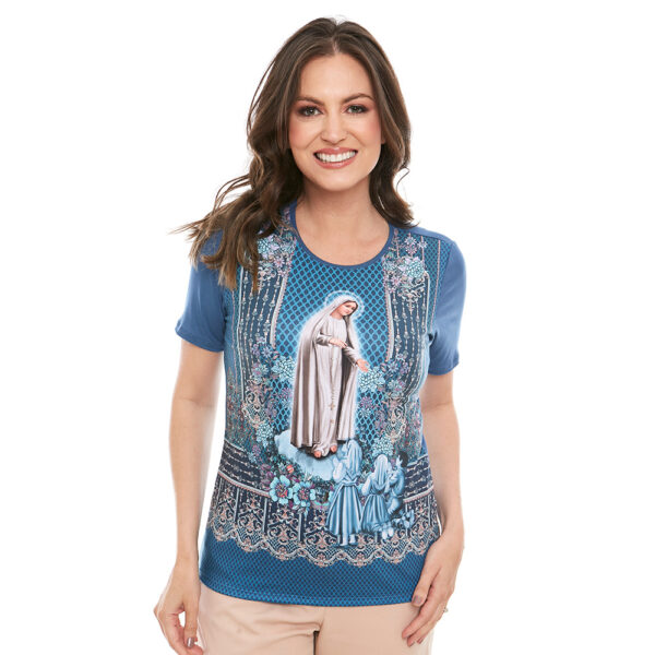 Camiseta Femenina Tipo T Shirt Virgen de Fatima petroleo