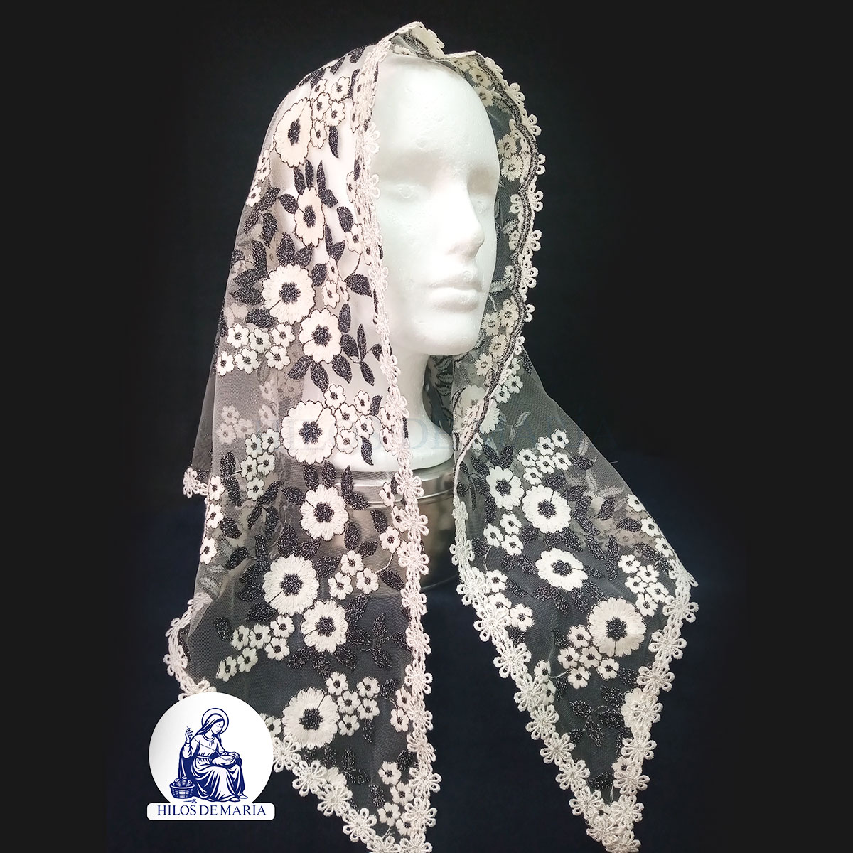 Mantilla Triangular Flores Beige-Negro